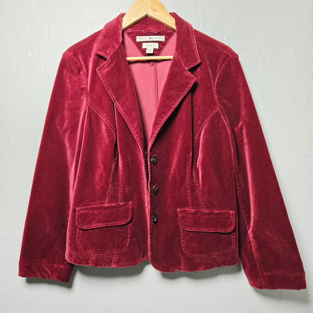 Tommy Hilfiger Stretch Velvet Blazer Cranberry Dark Academia Preppy XL